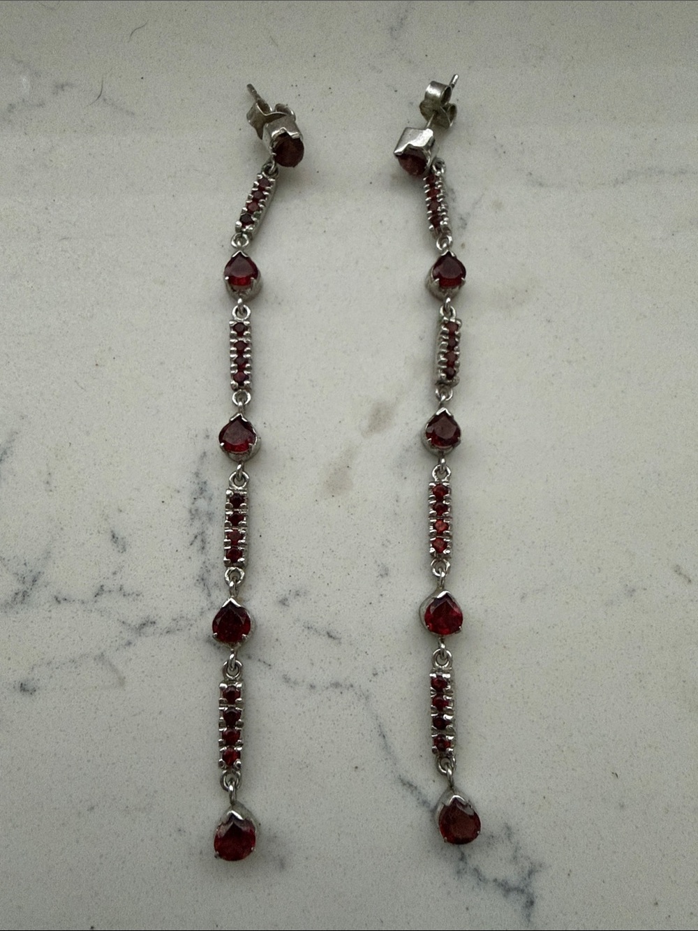 Silver-Tone Long Drop Red Crystal Earrings